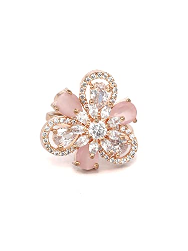 Priyaasi Elegant American Diamond Ring for Women | Rose Gold-Plated | Pretty Floral Design | Adjustable Size | Cocktail & Party Ring for Girlfriend, Wife, Fiance