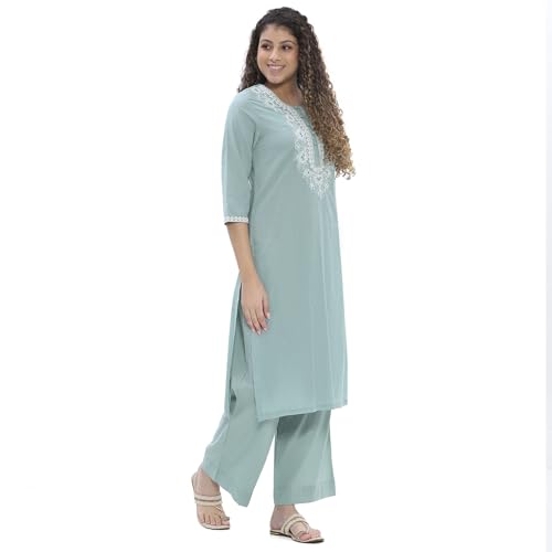 BIBA Women Green Cotton Straight Suit Set_42