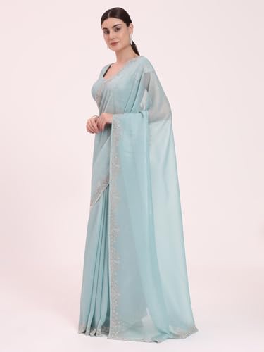 FIORRA Women's Sky Blue Organza Crushed Saree with Siroski Zarkhan Handwork and Unstitched Blouse