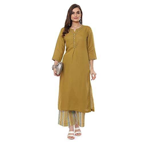 BIBA WOMEN SOLID STRAIGHT SALWAR KURTA DUPATTA(SKDLINEN7894_OLIVE GREEN_34)