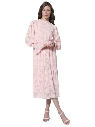VERO MODA Women Self Design Pink Polyester Midi Length A-Line Dress