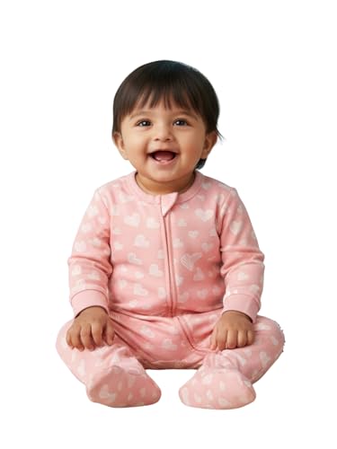 The Mom Store Baby Zipper Romper For Boys And Girls | Cotton | Soft Infant Bodysuit | Trendy Stylish Sleepsuit Nightsuit For Newborn Baby | Printed | Rosy Hearts, Pink | 3-6M