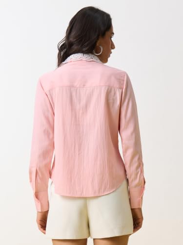 The Souled Store Classic Solids: Salmon Women and Girls Full Sleeves Collared Salmon Solid Cotton Nylon Blend Regular Fit Business Wear Lightweight Casual Shirt