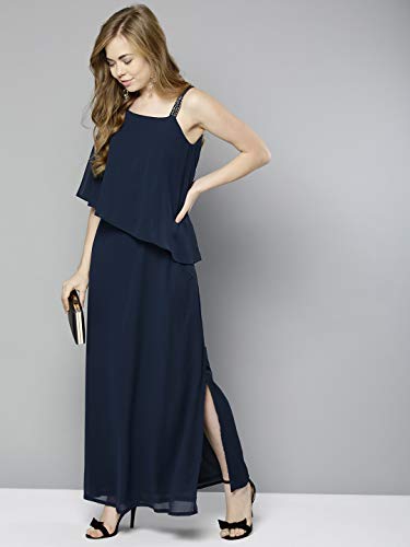Marie Claire Women's Synthetic one-Shoulder Maxi Dress (MC1030B_Navy Blue_M)