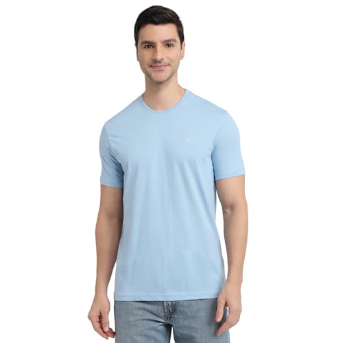 Raymond Men Regular Fit Solid Pattern Pure Cotton Crew Neck Half Sleeve Casual T-Shirt Medium Blue