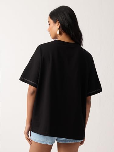 The Souled Store Powerpuff Girls: Girly Pop Women and Girls Short Sleeves Round Neck Black Graphic Printed Cotton Heavy Gauge Fabric Streetwear Everyday Oversized T-Shirt