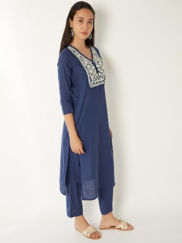 Max Women Embroidered Yoke Straight Kurta Set(Blue_XL)