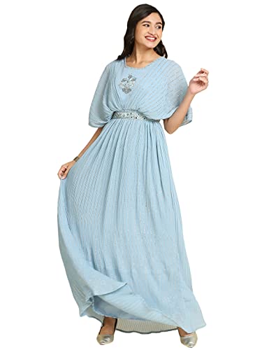 madhuram Women's Long Gown for Solid Georgette with Heavy Embroidery and Hand Work with Belt(2408) (in, Alpha, 4XL, Regular, 1) Sky Blue
