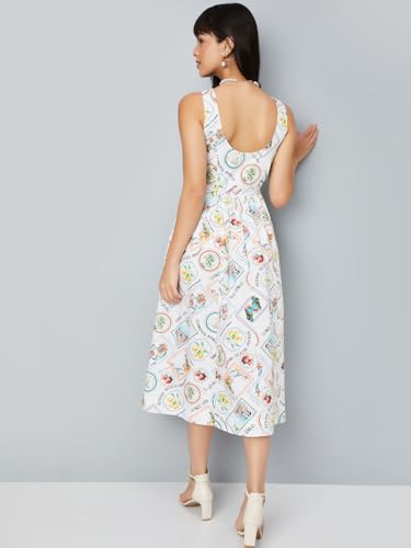 Max Women Printed Fit & Flare Midi Dress(Off White_XL)