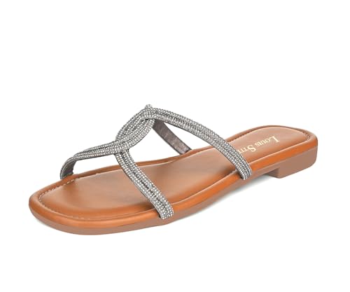 LOUIS STITCH Women’s Fashion Flat Tan Slip-On Sandals | Open Toe Silver Cross Strap Flat Slipper for Ladies | LSOF-LDSL-CRCSGM| (UK-7)