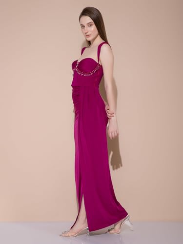 Tomber Amoureux Women’s XS Slim Maxi | Magenta Nylon Lycra Fabric | V-Neck | Solid Sleeveless Design