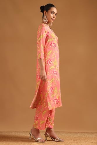 Soch Womens Peach Viscose Botanical Embroidered Co-Ords Set