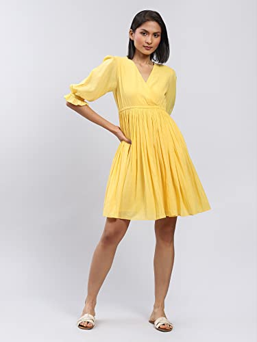 Label RITU KUMAR V Neck 3/4 Sleeves Solid Short Dress Yellow