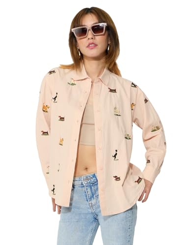The Souled Store Pets On Prints: Doggo Love Women and Girls Full Length Sleeves Spread Collar Peach Striped Embroidered Cotton Oversized Fit Breathable Lightweight Everyday Casual Shirt