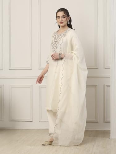 Biba Women White Silk Chanderi Straight Suit Set_34