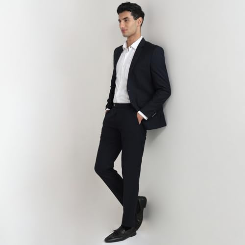 Park Avenue Men Regular Fit Solid Pattern Terelyne Rayon Wool Blend Narrow Lapel Full Sleeve Formal Suit Dark Blue