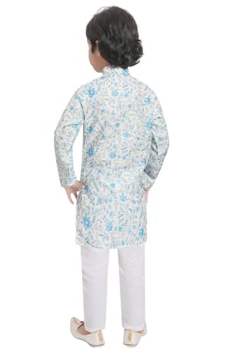 TinySteps Traditional Ethnic Wear Boys Printed Kurta With Sequence Work And White Cotton Elastic Waist Pajama Set (Blue)