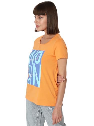 VERO MODA Women Printed Cotton Regular Fit Orange T-Shirt