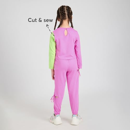 Hopscotch Girls Full Sleeves Pink 2-Pc Colorblock Cotton Jogger Set (2-3 Years)