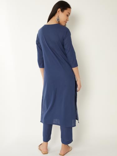 Max Women Embroidered Yoke Straight Kurta Set(Blue_XL)