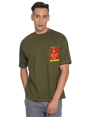 Starton Apparel Unisex Cotton Formula 1 Lewis Hamilton Norris Senna F1 Motorsport Graphic Print Oversized Fit T-Shirt (in, Alpha, S, Plus, Olive Lewis)