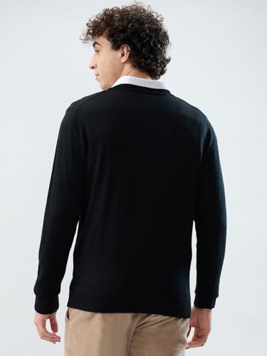 Raymond Men Regular Fit Solid Pattern Merino Wool Acrylic Blend Full Sleeve V Neck Casual Sweater Black
