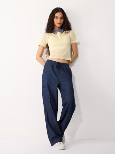 The Souled Store Open Knit Polo: Prism Women and Girls Short Sleeves Spread Collar Light Yellow Textured Solid Acrylic Regular Fit Breathable Contrast Trim Streetwear Polo T-Shirt