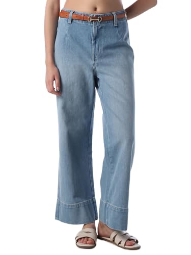 ONLY Women's Solid Wide Leg Blue Jeans with Belt