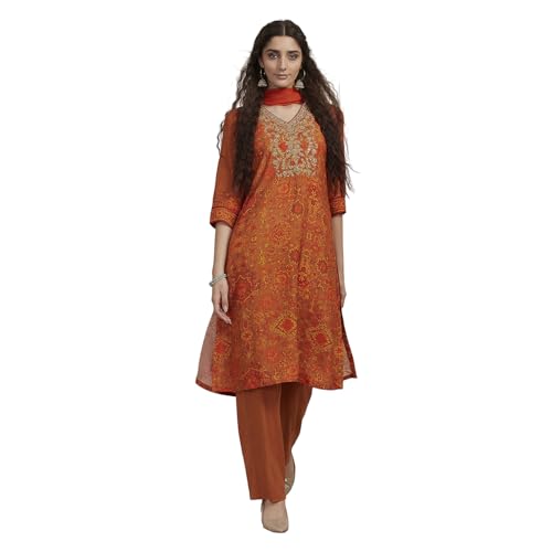 Biba Women Orange Modal Printed Straight Suit Set_32