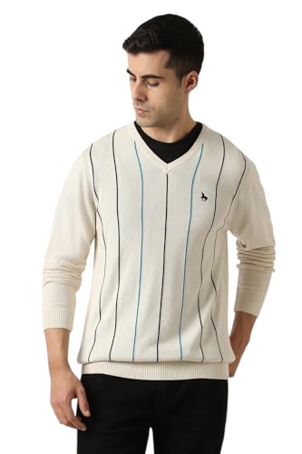 Men Beige Stripe V Neck Sweater
