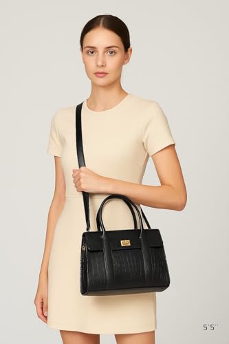 eske Noah Flap Handbag for Women Genuine Leather Satchel with Twist Lock Closure Dual Handles Detachable Sling Strap 1 Compartment Zipper and Slip Pockets Office Purse (Black)