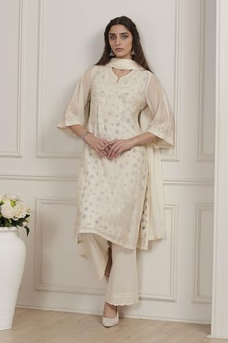 Biba Women White Poly Chanderi Straight Suit Set_36