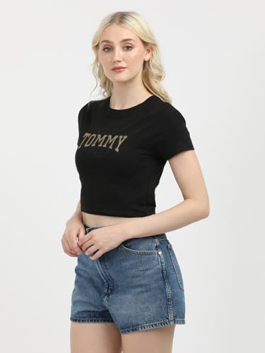 Tommy Hilfiger Slim Crop Glitter Varsiry T-Shirt Black