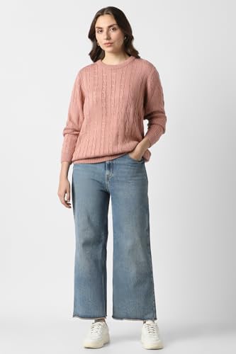 Women Peach Textured Round Neck Sweater