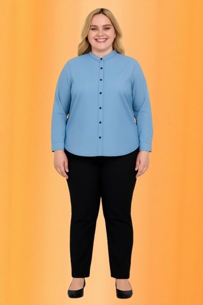 Wingzss Plus Size Light Blue Button-Down Crop Top, Women's Casual Short Sleeve Blouse, Office Wear (in, Alpha, 3XL)