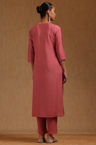 Soch Womens Onion Pink Muslin Floral Embroidered Kurta Set With Faux Mirror
