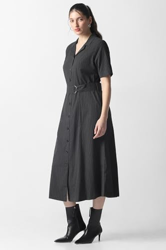 Women Black Stripe Calf-Length Formal Dress