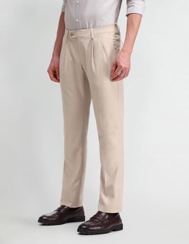 Arrow Men's Beige Solid Mid Rise Polyester Hook and Bar Slim Pleated Front Slant Pocket Trousers (ARAITR2144_Beige_36)