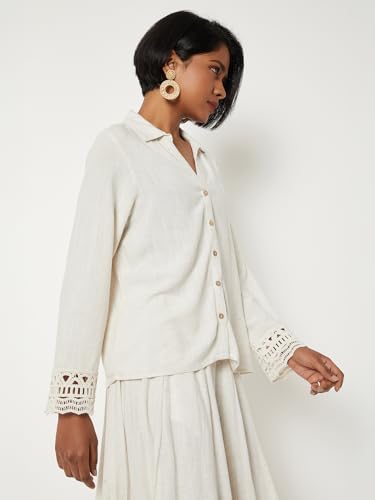 Max Women Lace Embroidered Regular Fit Shirt (Beige_M)