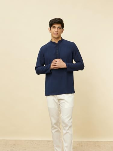 Manyavar Mens Blue Art Silk Solid Short Kurtas