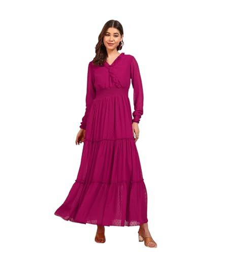 DEEBACO Women's Georgette Dobby Smocking Tiered Maxi Dress|Sleeveless|V-Neck Frill|Casual Trending Fashion Long One Piece Dresses Women Western(DBDR00002281_XL_Magenta)