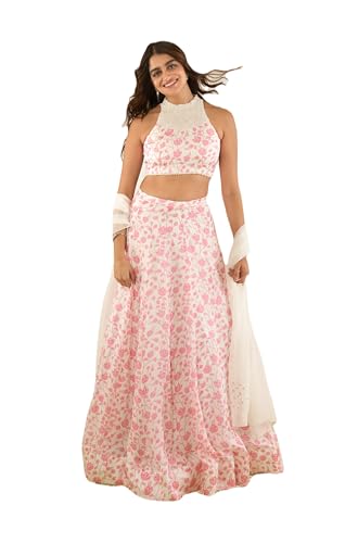 essaySumedha Agrawal Organza Satin Organza Santoon Lehenga Set for Women (Size: XL, White & Pink)
