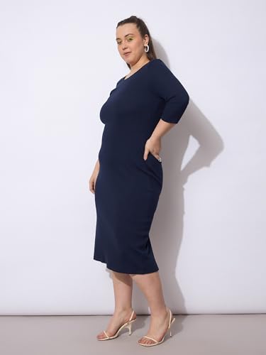 Navy Rib Round Neck Midi Dress