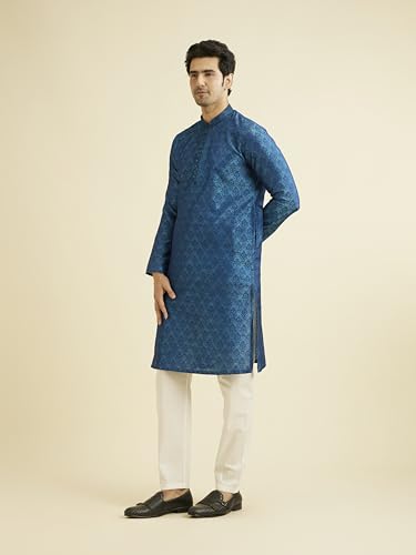 Manyavar Elegant Embroidered Knee Long Full Sleeves Kurta Pyjama Set for Men - (Blue, Large)