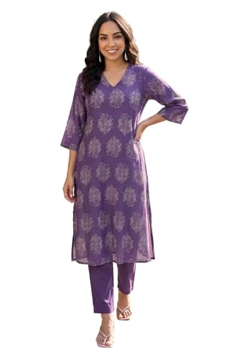 W for Woman Purple Floral Printed Rayon A-Line Kurta with Pants Co-ord Set - (WS14519K-128181-XS)