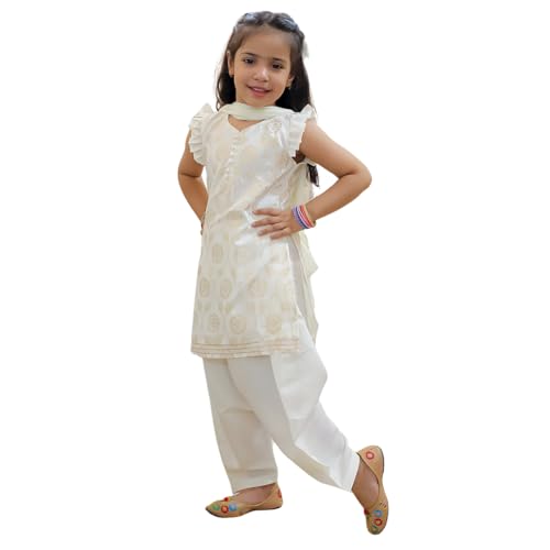 BownBee Chanderi Kurti with Patiala Salwar and Dupatta for Girls-Off white (Set of 1) Solid/Printed colorful full length fully stitched regular fit Ethnic wear dress for Kids-Age_1 to 2 Years