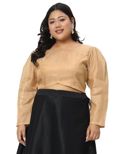 studio rasa Women's Plus Size Silk Blend Puff Sleeves Crop Top for Festive Wedding Party(TPWPC223RC17-5XL_Gold_5XL)