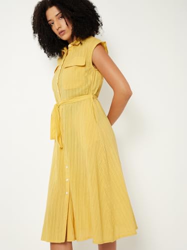 Max Women Striped Shirt Midi Dress (Yellow_M)