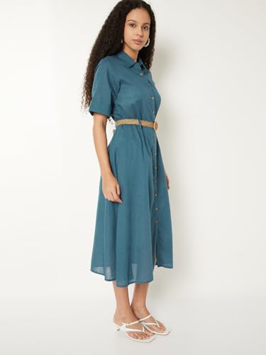 Max Kalki x Max Women Solid Shirt Midi Dress with Belt (Teal_L)