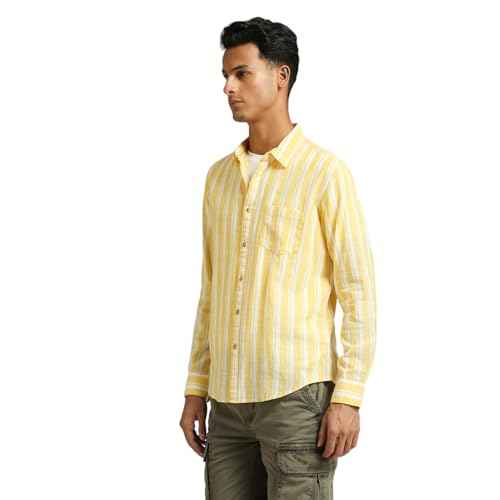 Pepe Jeans Men's Striped Regular Fit Shirt (PM308594_Yellow